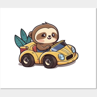 Cute Sloth driving a Car - Adorable Sloth drawing Posters and Art